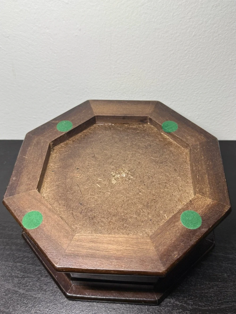Vintage Wooden Jewelry Box Octagon Hinged Lid With Etched Flowers On Glass